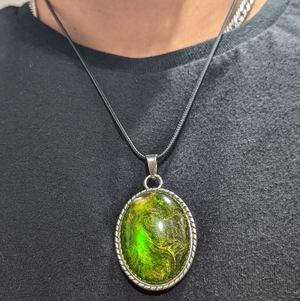 Large Hand Crafted emerald green and gold necklace on 18 inch leather cord